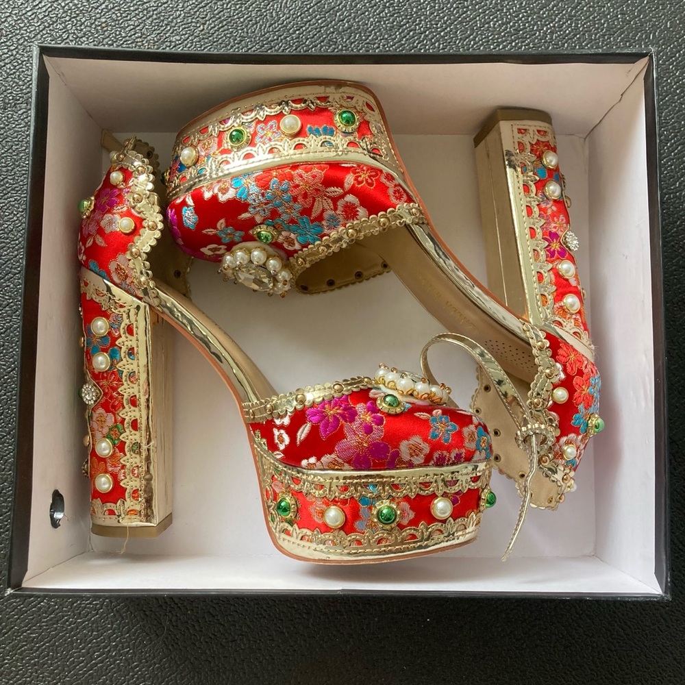 Azalea Wang Adeline Red Platform Pump Baroque-Style Italian Girl Summer Heels 7